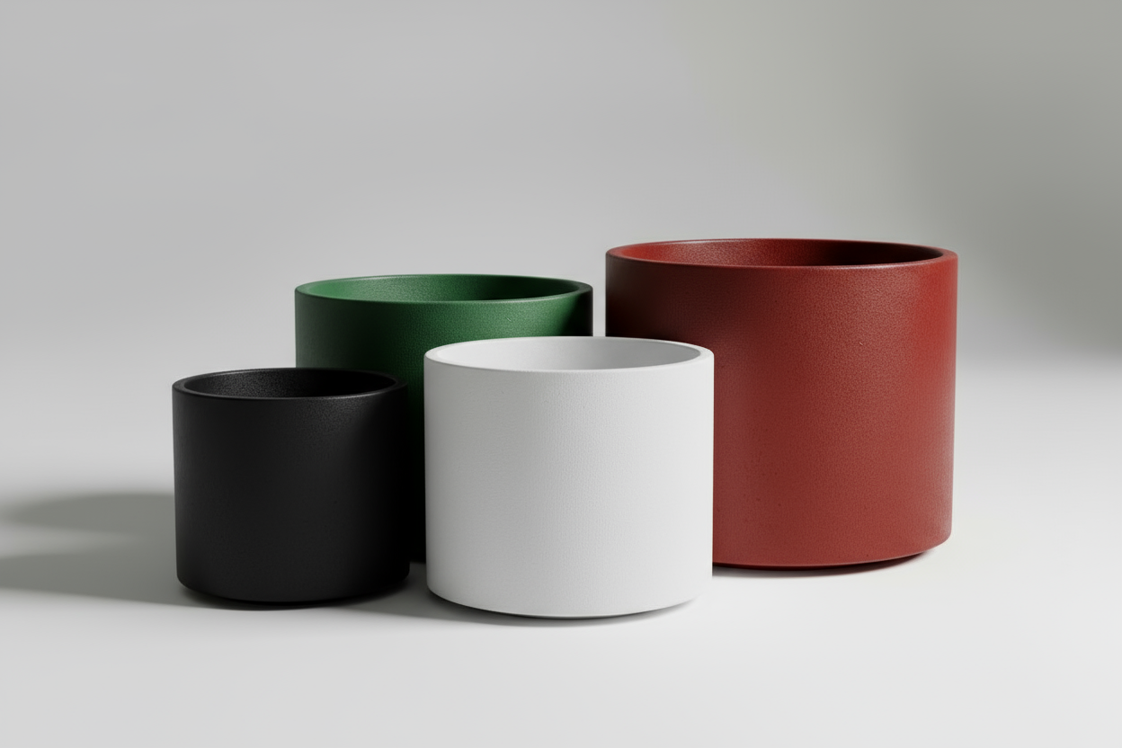 100L 100W  50H ebatlarında silindir beton saksı. beyaz renk olsun. arka plan açık renk olsun