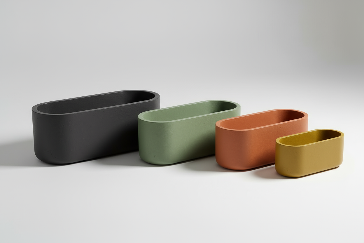 100l 30h 30w ebadında beton saksı w kısmı oval olsun rengi antrasit olsun arka planı açık olsun