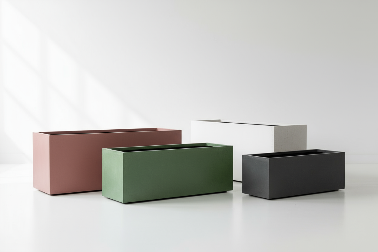  (100L 30W 30H) (100L 30W 40H) (100L 40W 50H) (75L 25W 20H) ölçülerinde  farklı boyutlarda dikdörtgen beton saksılar YAP . kırmızı BEYAZ yeşil antrasit renklerde. arka planı açık olsun