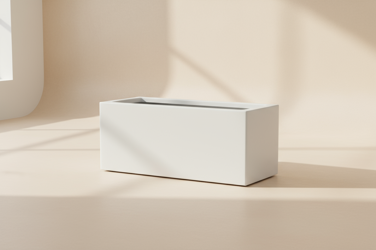 100l-30w-30h  ölçüsünde beton saks beyaz renk olsun. arka plan açık renk olsun