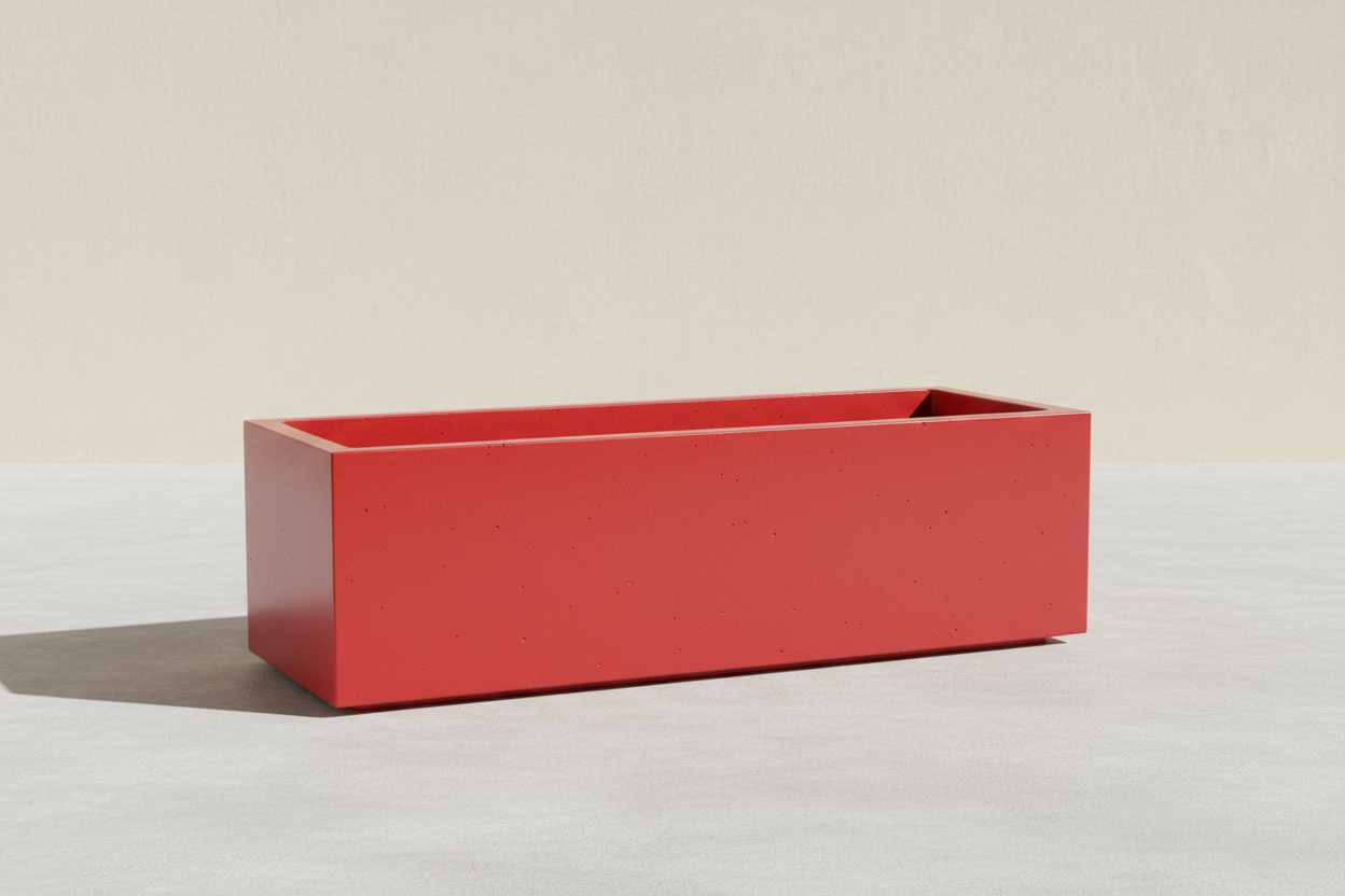 100l-30w-30h  ölçüsünde beton saks kırmızı renk olsun. arka plan açık renk olsun