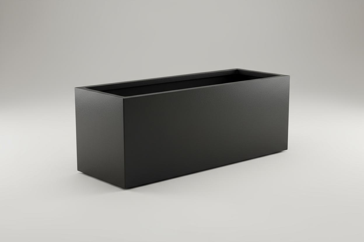 100l-30w-30h  ölçüsünde beton saks siyah renk olsun. arka plan açık renk olsun