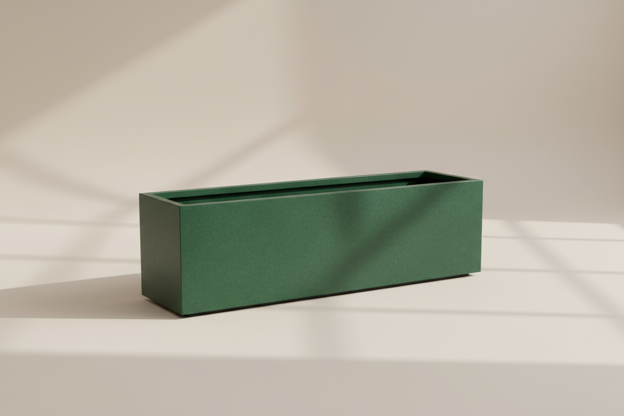100l-30w-30h  ölçüsünde beton saks yeşil renk olsun. arka plan açık renk olsun