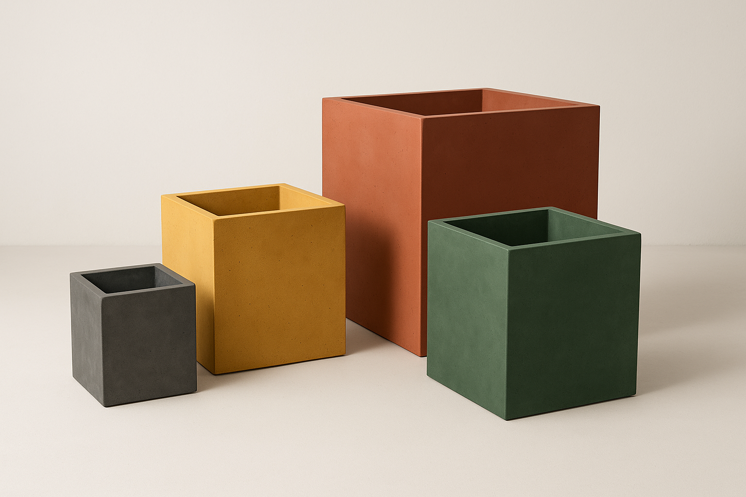4 tane kare beton saksı. 60cm, 90cm, 120cm ve 150cm 4 farklı boyutta. antrasit, sarı, kırmızı ve yeşil 4 ayrı renkte olacak. arka planı açık renk olsun