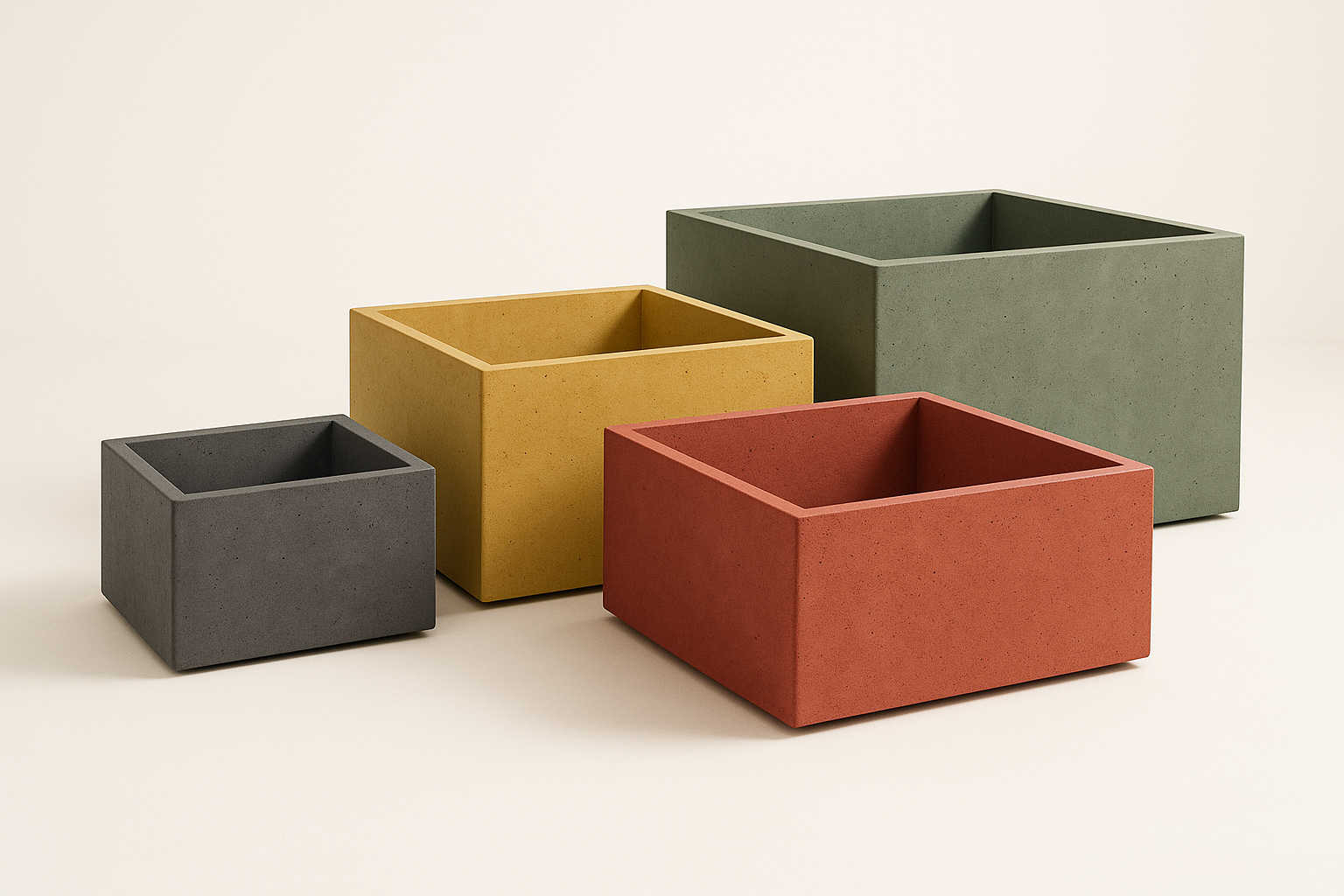 4adet beton saksı, antrasit sarı kırmızı ve yeşil renkte. ebatları (40L x 40W x25H) (50L x 50W x 30H) (60L x 60W x 35H) (80L x 80W x40H) arka plan rengi açık olsun