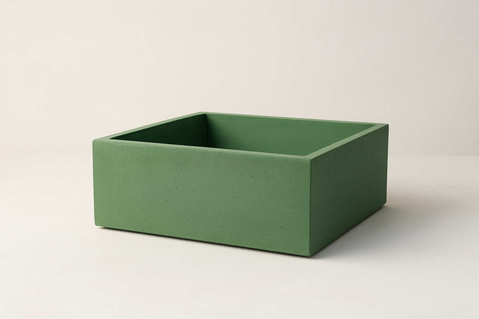 50L x 50W x 25H ebatlarında beton saksı fotoğrafı. yeşil renk olsun arka plan açık renk olsun