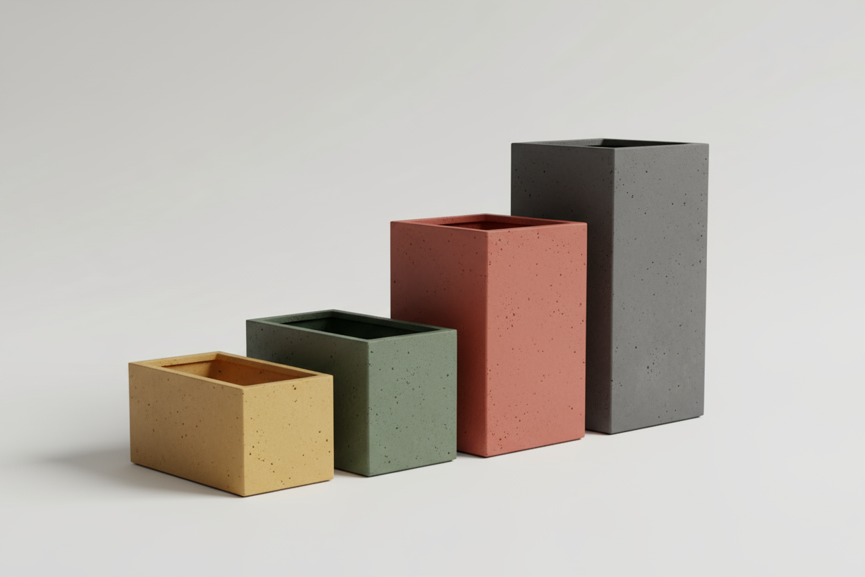 (75l 25w 20h) (100l 30w 30h) (100l 40w 50h) (100l 40w 60h) beton saksılar. kırmızı sarı yeşil ve antrasit renk olsun arka planı açık renk olsun