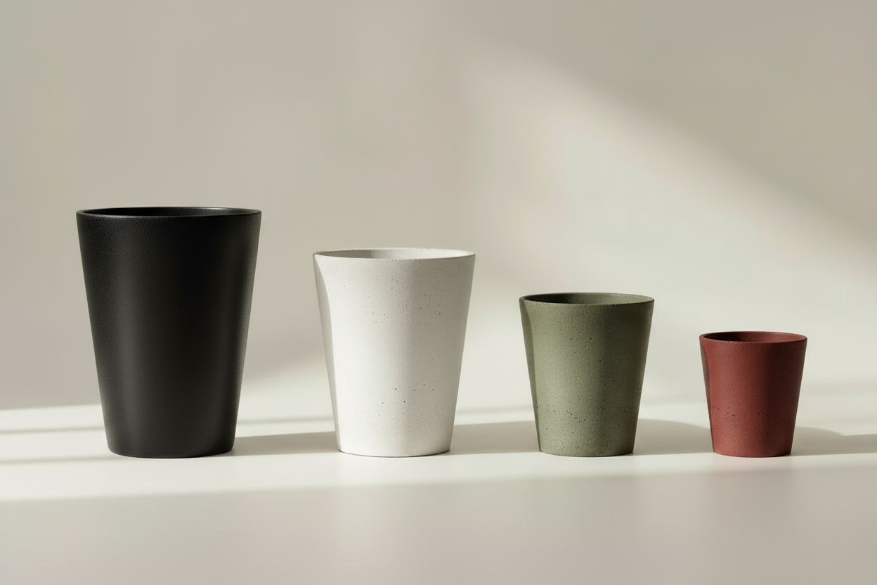 80h 45w silindir konik saksı. beton saksı. beyaz renk olsun. arka planı açık renk olsun