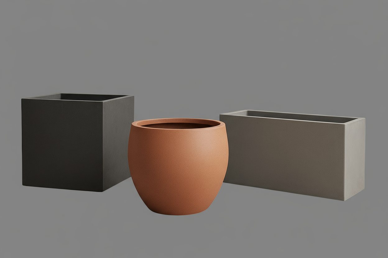arka plan gri, bir tane kare bir tane yuvarlak bir tane de dikdörtgen büyük boy saksı