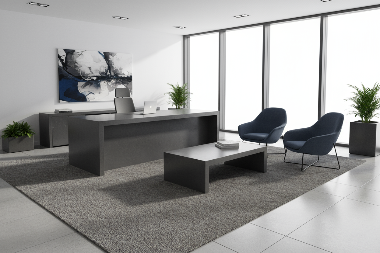  ofis için patron masası  beton  masa antrasit renk ve yine beton sehpa ve iki sandalya 