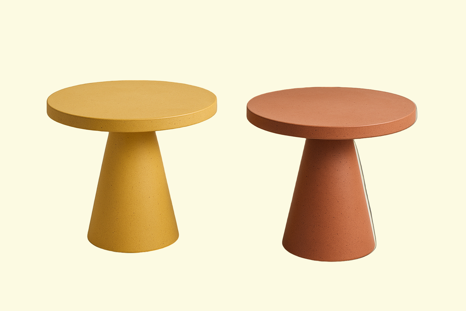 yuvarlak iki beton masa birisi sarı diğeri kiremit rengi